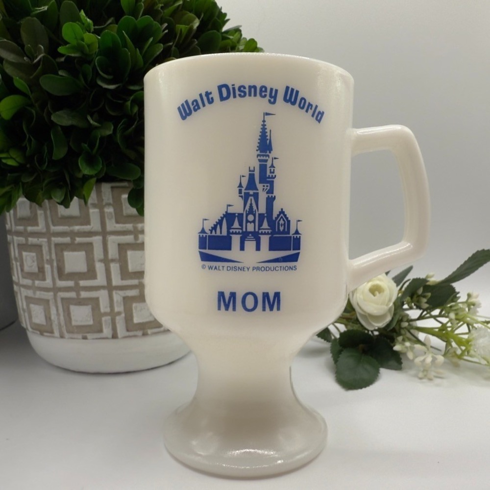 Vintage Walt Disney World Mom Mug White Milk Glass Pedestal Cup w/ Castle